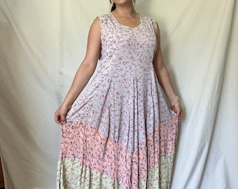 1980s 1990s Women&#39;s Vintage Floral Rayon Fit and Flare Midi Length Summer sleeveless Dress by Victoria Holley Small Medium