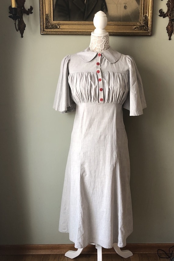 1930s 1940s Gray Cotton Frock Day Dress House Dres