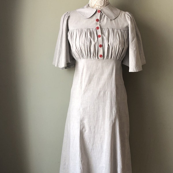 1930s 1940s Gray Cotton Frock Day Dress House Dress Butterfly Sleeves Side Zip Small Medium