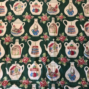 Two 1940s 50s Vintage Kitchen Curtain Panels Cottage Core Country Farmhouse Decor Chickens Tea Pots One 36&quot;X30&quot; and  One 36&quot;X84&quot; USA