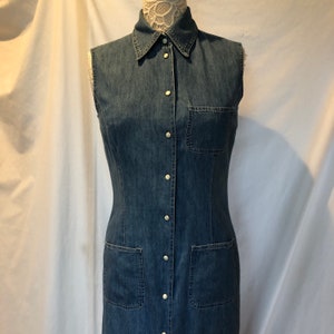 Y2K Vintage Denim Maxi Sleeveless Summer Dress Sundress Floor Length Pencil Style with Side Openings Collared Pockets Pearl Snaps Small