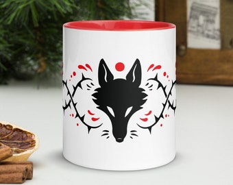 Wolf and Thorns - Black and Red Wolf and Thorns Design on a White Mug with Color Accents