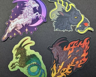 Shiny vinyl goat stickers - Black Phillip, Occult Stars, Hell Flames, Capricorn, Goat Designs for laptops, sketchbooks, collections and more