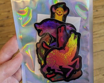 PRE-ORDER: Holographic Hyenas and Foxes sticker bundle - 5 shiny rainbow vinyl stickers with colorful fox and hyena designs