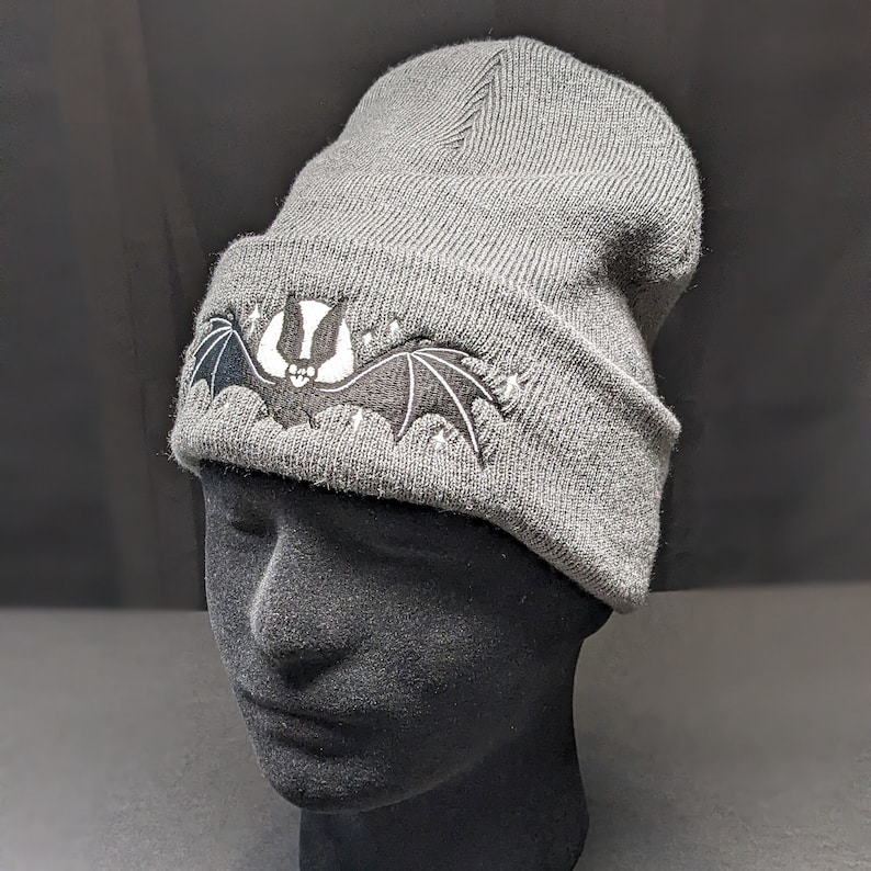 Moonlit Bat Beanie Hat Glow in the dark embroidered dark gray beanie hat with black bat and glowing moon and stars image 4