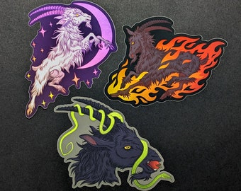 Shiny metallic vinyl goat stickers - Black Phillip, Occult Stars, Hell Flames Goat Designs for laptops, sketchbooks, collections and more