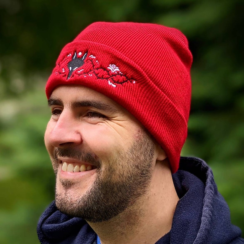 Wolf and Thorns beanie red knitted beanie hat with embroidered wolf and thorns design image 3