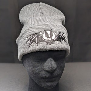 Moonlit Bat Beanie Hat - Glow in the dark embroidered dark gray beanie hat with black bat and glowing moon and stars