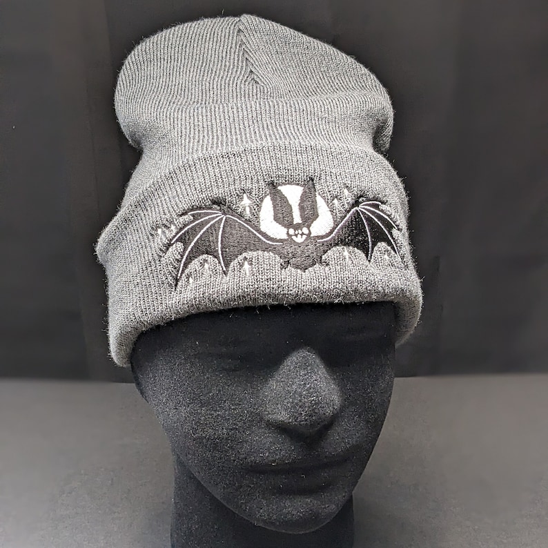 Moonlit Bat Beanie Hat Glow in the dark embroidered dark gray beanie hat with black bat and glowing moon and stars image 1