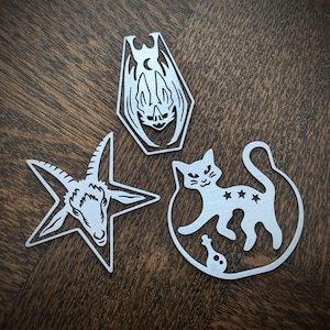 Page Clip Bookmarks Metal charms featuring dark occult designs to mark your page Baphomet, vampire bat, alchemy cauldron cat image 1