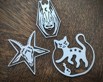 Page Clip Bookmarks - Metal charms featuring dark occult designs to mark your page! Baphomet, vampire bat, alchemy cauldron cat