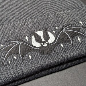 Moonlit Bat Beanie Hat Glow in the dark embroidered dark gray beanie hat with black bat and glowing moon and stars image 7