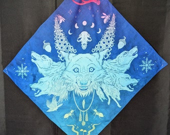 Gods of Nature Art Tapestry Bandanas - 55cm Cotton bandanas featuring original animal art themed around strange and wild gods of nature