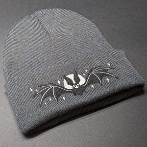 Moonlit Bat Beanie Hat Glow in the dark embroidered dark gray beanie hat with black bat and glowing moon and stars image 6