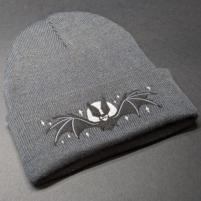 Moonlit Bat Beanie Hat Glow in the dark embroidered dark gray beanie hat with black bat and glowing moon and stars image 6