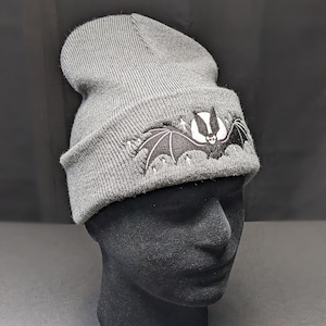 Moonlit Bat Beanie Hat Glow in the dark embroidered dark gray beanie hat with black bat and glowing moon and stars image 3