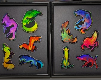 Holographic Hyenas and Foxes sticker bundle - 5 shiny rainbow vinyl stickers with colorful fox and hyena designs