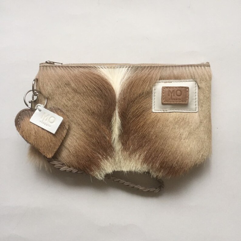 Leren clutch / portemonnee / tasje met vacht voor mobiel, pasjes, geld springbok 20x12