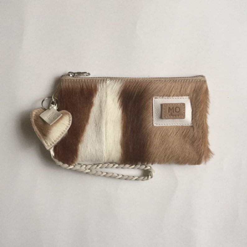 Leren clutch / portemonnee / tasje met vacht voor mobiel, pasjes, geld springbok wit