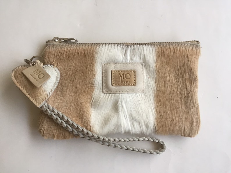 Leren clutch / portemonnee / tasje met vacht voor mobiel, pasjes, geld springbok 2