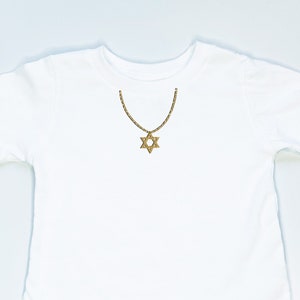 May include: White t-shirt with a gold chain and star of David pendant.
