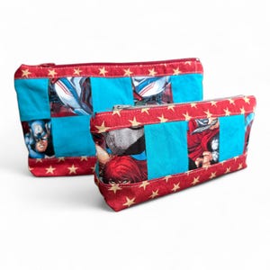 Patchwork Cosmetics Pouch Set, Goodies Bag, Makeup Pouch, handmade quilt pouches | Traveling with Superheroes