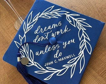 CUSTOM Grad Cap Decal / Graduation Calligraphy Sticker / Personalized / Hand Lettered and Unique / Floral Line Botanicals Wreath