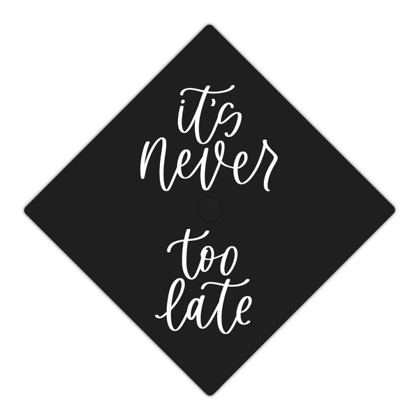 It's Never Too Late Graduation Cap Vinyl Decal, Handlettered Modern Calligraphy Grad Cap Decor Sticker Design, Hand Lettered Unique Quote