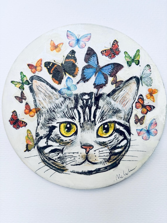 Original Painting, "Happiness is a cat and a butterfly."