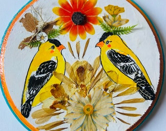 Original mixed media, "Goldfinch Garden Party"