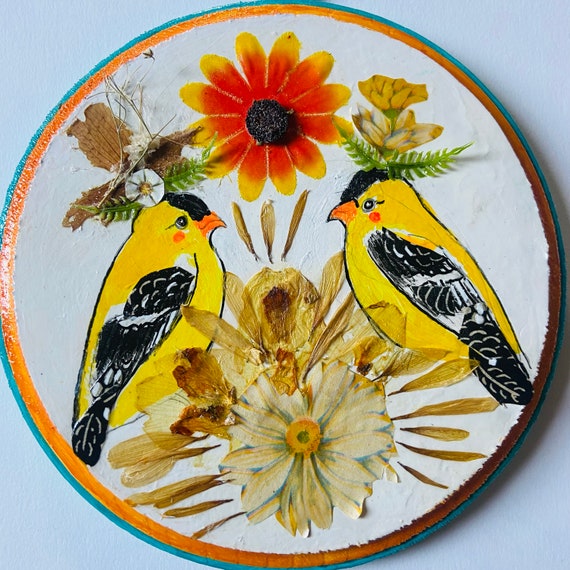 Original mixed media, "Goldfinch Garden Party"