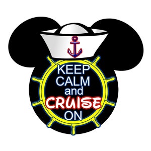 May include: Black and white Mickey Mouse ears with a white sailor hat with a blue anchor on top. The ears have a yellow and black ship's wheel with the text "KEEP CALM and CRUISE ON" in red and blue.