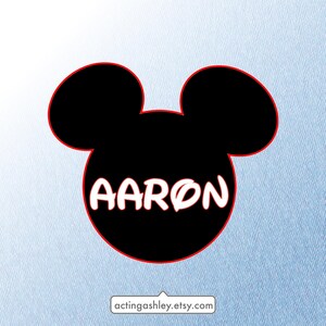 May include: Black and red Mickey Mouse head silhouette with the name "AARON" written in white inside.