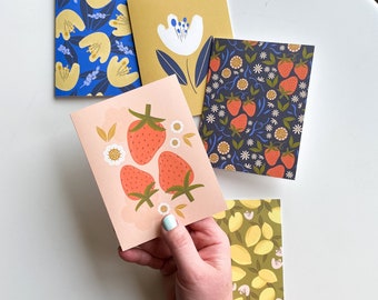 Fruit and Floral Greeting Cards || Set of 6 || Blank Inside Cards || Everyday Stationery