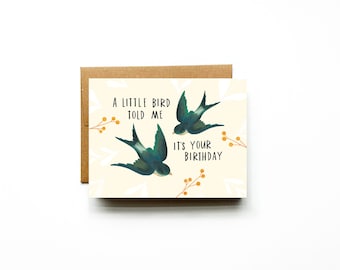 A Little Bird Told Me || Blank Inside Greeting Card with Illustrated Barn Swallows || Bird Art Birthday Cards for Women