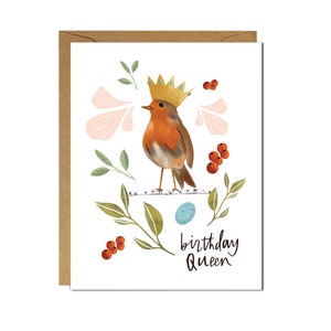 Geburtstags-Königin Grußkarte || Innen leer || Illustration von Robin Trägt eine Goldkrone || Niedlicher Vogel und botanische Kunst