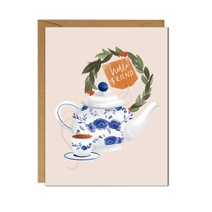 Hello Friend Blue Delft Floral Vintage Teapot Card || Blank Inside Everyday Stationery