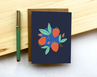Navy Blue Strawberry and Flower Pattern || 4.25"x5.5" Blank Inside Greeting Card || Just Because, Encouragement, Thinking of You, Thank You