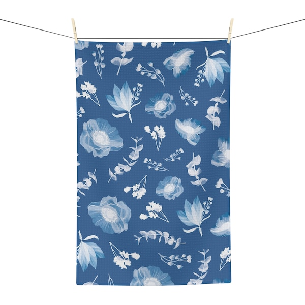 Cyanotype Inspired Garden Tea Towel | Soft & Absorbent Microfiber Dishcloth or Kitchen Towels | Waffle Weave Towel with White Flowers