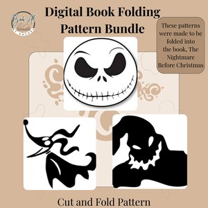 Peut inclure: Lot de patrons de pliage de livres numériques avec des personnages de L'Étrange Noël de Monsieur Jack, dont Jack Skellington. Le texte comprend "Cut and Fold Pattern" et "These patterns were made to be folded into the book, The Nightmare Before Christmas."