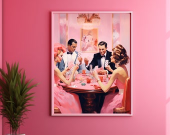 Poker Night Retro Wall Art Print Trendy Funky Decor, Groovy Poster Bar Cart Art Apartment Decor, Girly Wall Art Dorm Decor for College Girls