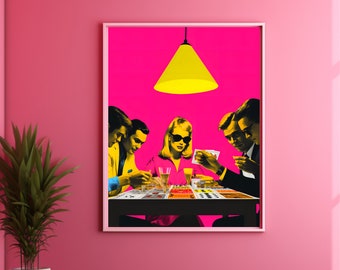 Poker Night Retro Wall Art Print Trendy Funky Decor, Groovy Poster Bar Cart Art Apartment Decor, Girly Wall Art Dorm Decor for College Girls