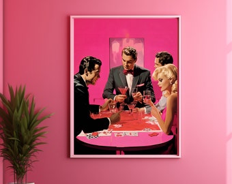 Poker Night Retro Wall Art Print Trendy Funky Decor, Groovy Poster Bar Cart Art Apartment Decor, Girly Wall Art Dorm Decor for College Girls