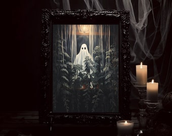 PRINTABLE Halloween Wall Art, Ghosts in a window, Vintage Muted Neutral Printables, Digital Download Ghost Art Prints