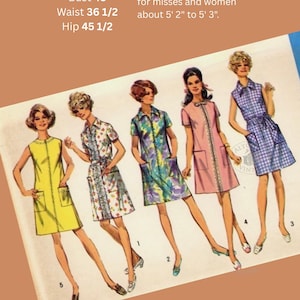 May include: Simplicity 8285 sewing pattern envelope featuring illustrations of five sleeveless dresses with pockets. Text includes Size 20 1/2, Bust 43, Waist 36 1/2, Hip 45 1/2, and Half-sizes specially sized for misses and women about 5' 2" to 5' 3".