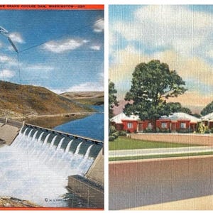 Grand Coulee Dam und Medford, Oregon Vintage Souvenir Illustrierte farbige Leinenpostkarten von verschiedenen Touristenzielen 2er-Set.