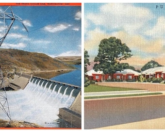 Vintage Grand Coulee Dam & Medford Oregon Linen Postcards, Set of 2