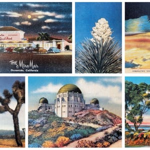 Kalifornien Vintage Souvenir Illustrierte farbige Leinen Postkarten von verschiedenen Touristenzielen