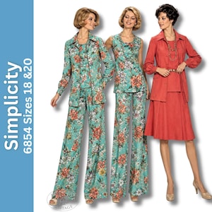 May include: Simplicity 6854 Sizes 18 & 20 sewing pattern featuring three outfits. Two sets consist of a floral print long-sleeve jacket or sleeveless top with matching wide-leg pants. One set includes a solid coral jacket and skirt.