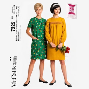 May include: McCall's 7225 sewing pattern envelope featuring two dresses: a green short-sleeved dress with a multi-colored floral print and a mustard yellow long-sleeved dress with horizontal brown stripes across the chest.
